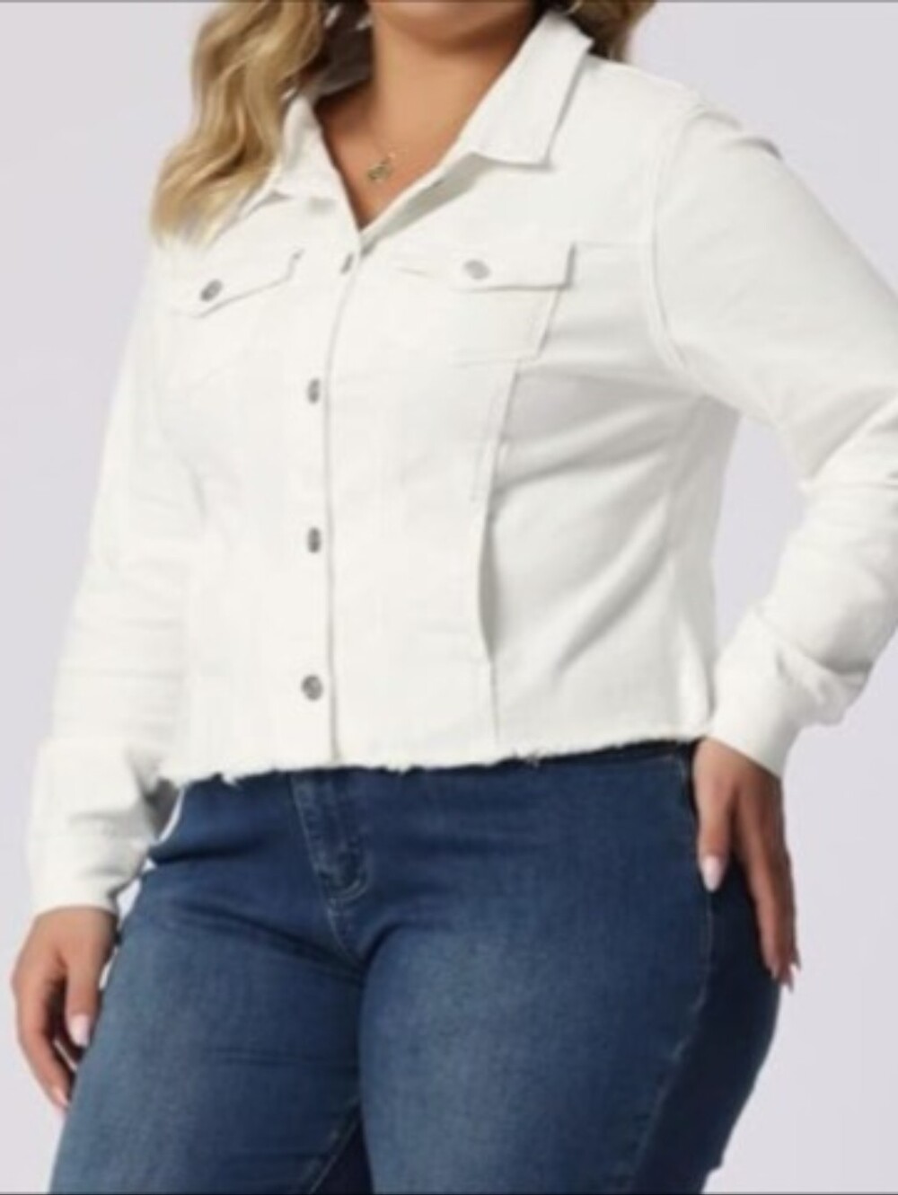 Agnes Orinda Plus-Size White Denim Jacket with Frayed Hem 3X
